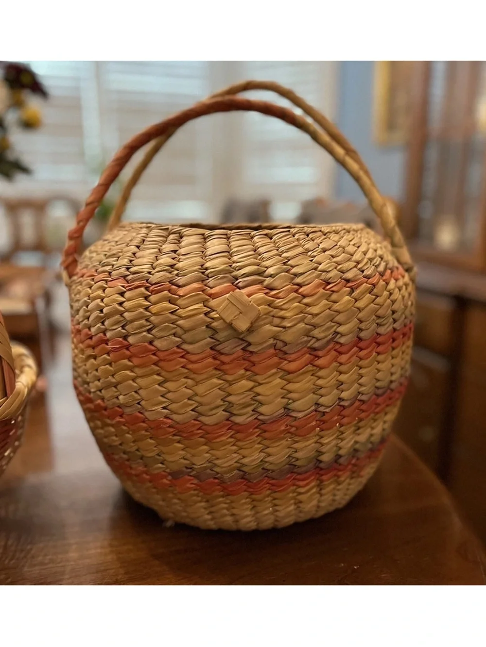 Mexican Baskets with Handles (lot of 2), Woven Straw Material, Vintage, Preowned
